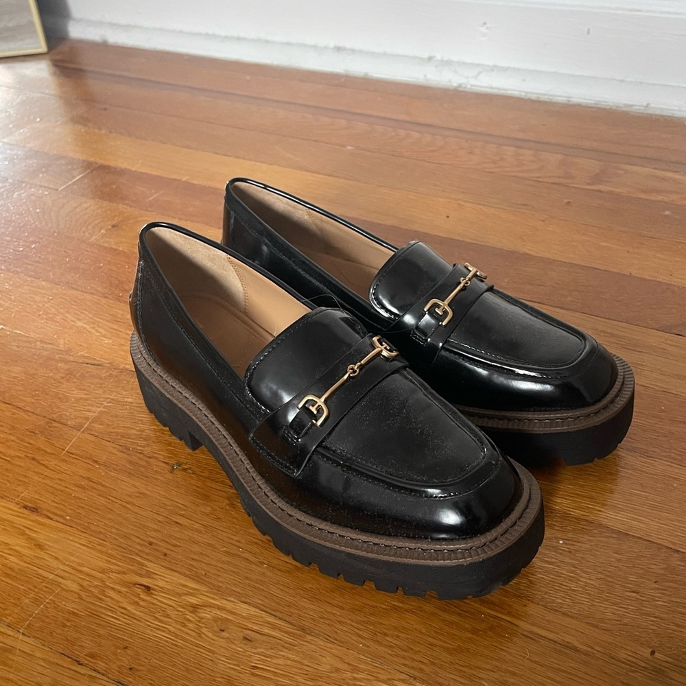 Sam edelman Black loafers with gold buckle detailing #loafers